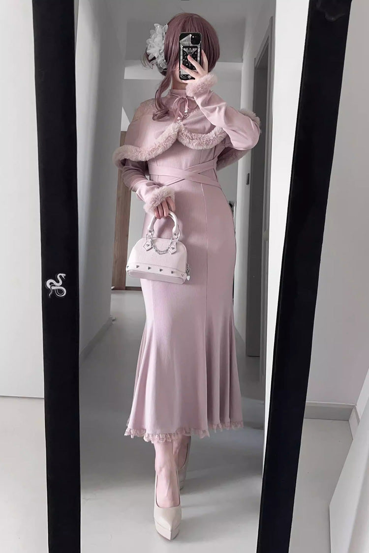Jirai Kei Stand Collar Off Shoulder Long Sleeves Embroidered Lace Sweet Japanese Fishtail Dress 2 Colors - Product - 6