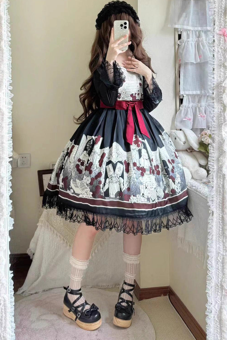 Black [Alice of the Asylum] Print Bowknot Lace Gothic Lolita Dress 2 Versions - Product - 11