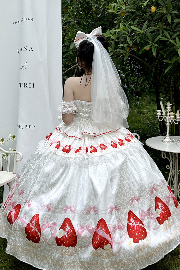 White [True Love Strawberry] Print Off Shoulder Sleeveless Ruffle Bowknot Lace Sweet Princess Lolita Dress Set - Product - 11