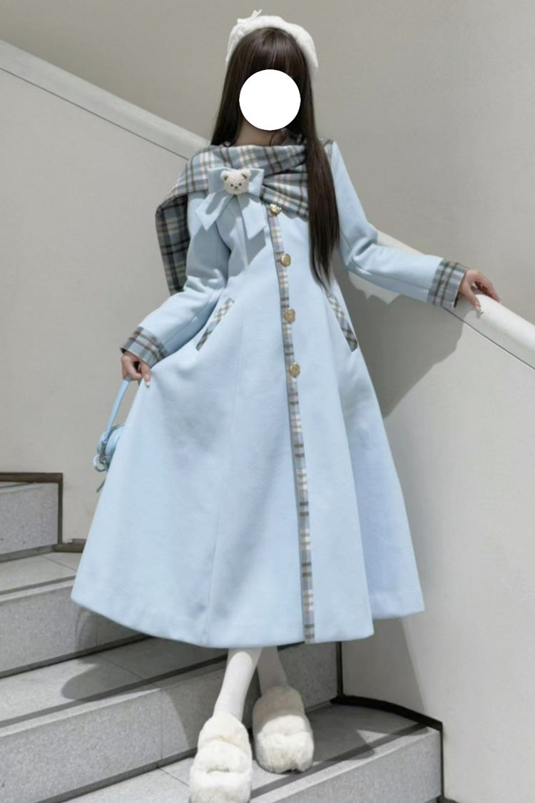 [Cookie Mousse] Single Breasted Long Sleeves Bowknot Stitching Sweet Elegant Lolita Coat 2 Colors - Blue - 2