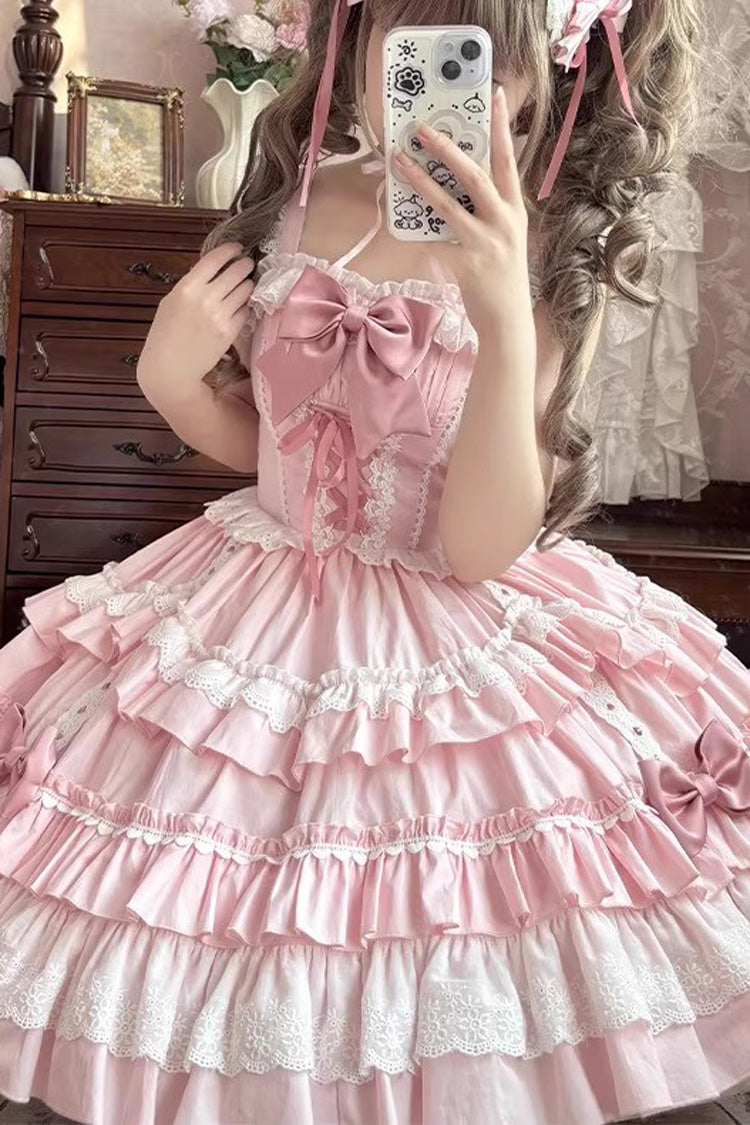 Pink Sleeveless Multi-Layered Ruffle Bowknot Lace-Up Sweet Lolita Tiered Dress - Product - 2