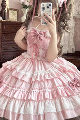 Pink Sleeveless Multi-Layered Ruffle Bowknot Lace-Up Sweet Lolita Tiered Dress - Product - 2