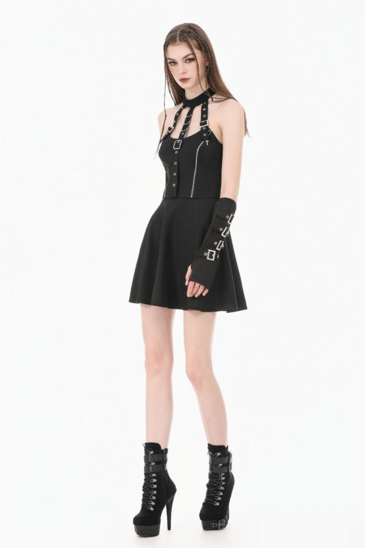 Black Buckled Zippered Women's Punk Halterneck Dress - Product - 2