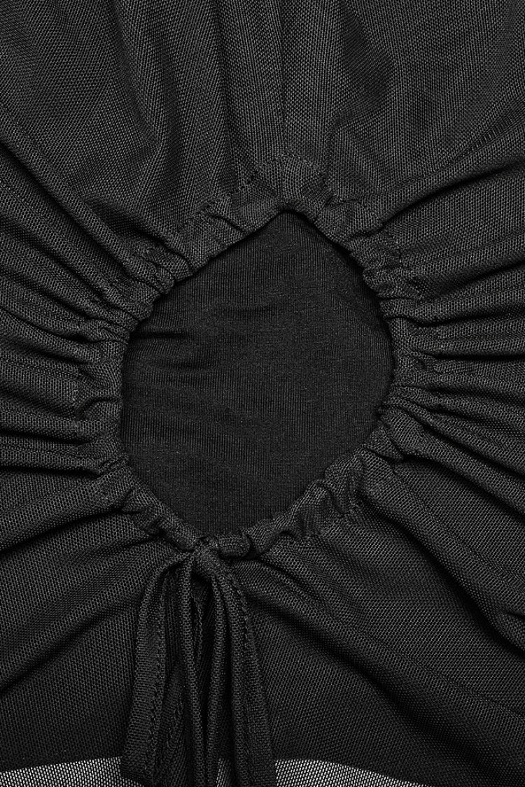 Black Long Sleeves Hollow Mesh Drawstring Women's Gothic T-Shirt - Product - 8
