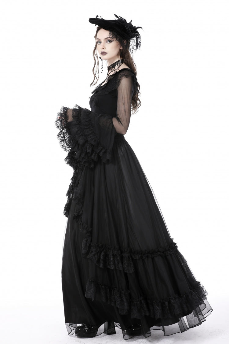 Black Multi-Layered Ruffled Lace Long Trumpet Sleeves Women's Gothic Princess Sexy Top - Product - 11