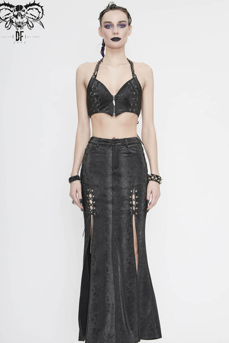 Black Snake Pattern Leather Wrapped Chest Chain Halter Back Lace Up Women's Punk Corset - Product - 4