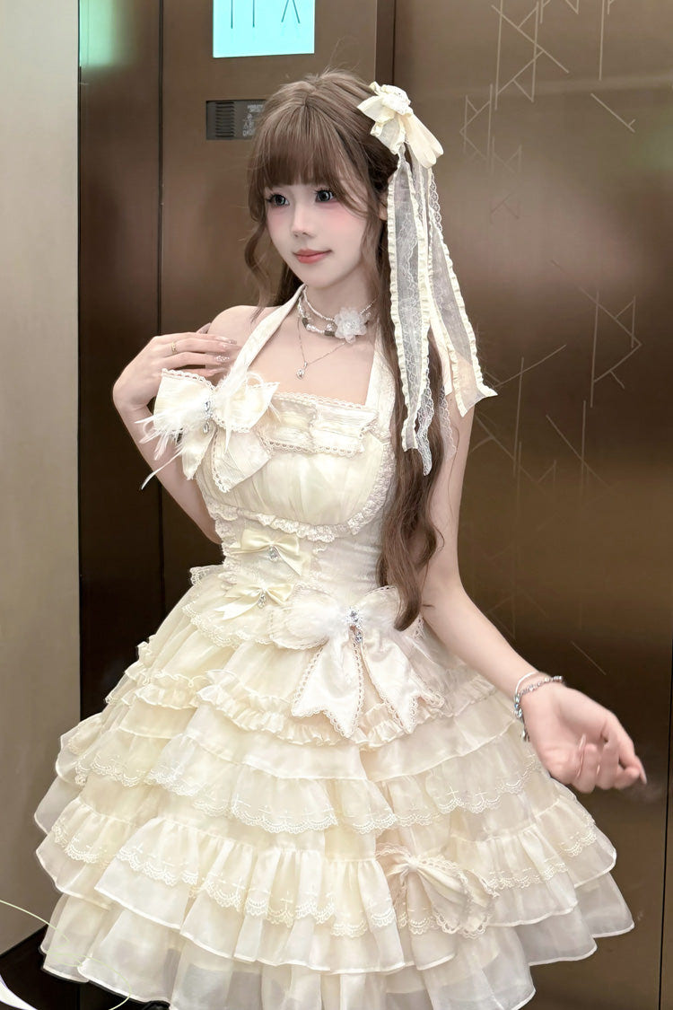 アプリコット [Swan Overture] ホルターネック ノースリーブ ティアード フリル リボン レース スウィートロリータワンピース 商品画像