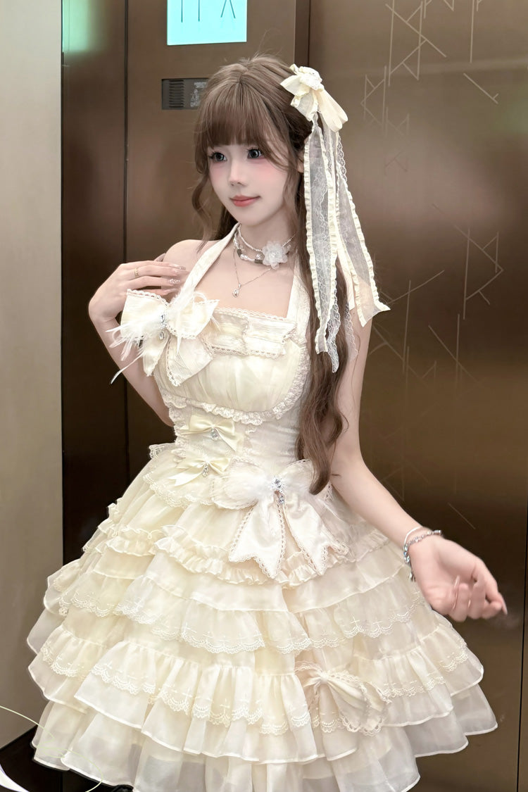 アプリコット [Swan Overture] ホルターネック ノースリーブ ティアード フリル リボン レース スウィートロリータワンピース 商品画像