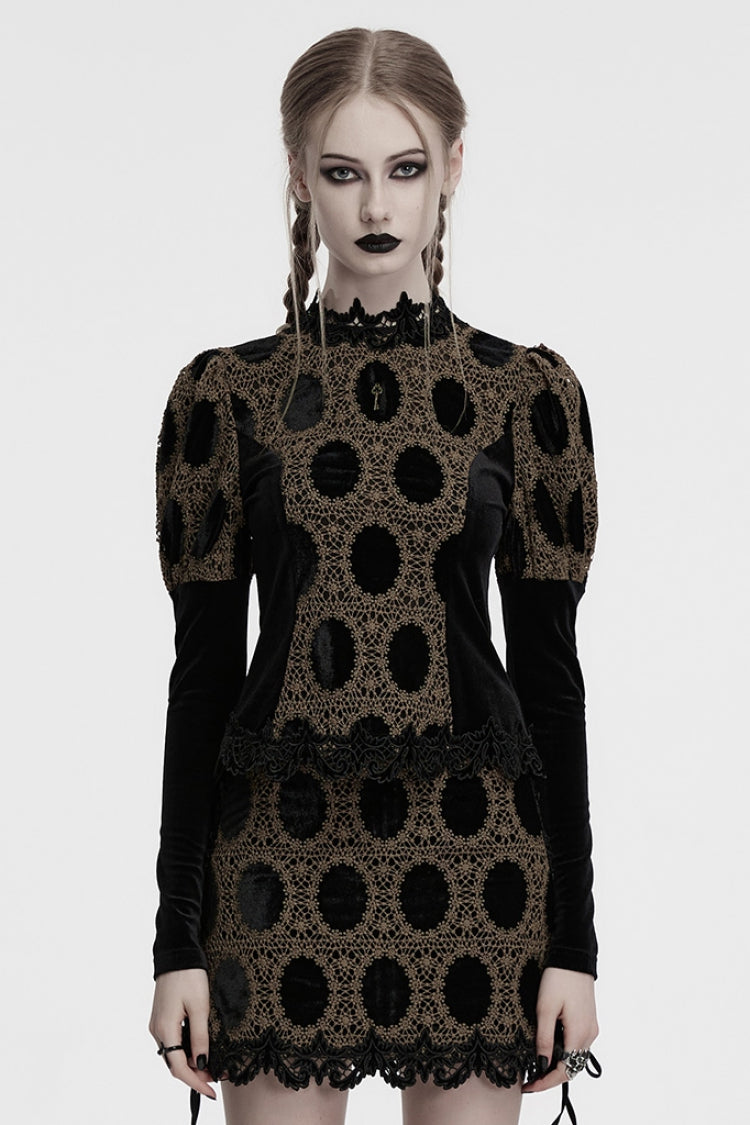 Coffee Long Puff Sleeves Print Embroidery Women's Gothic Blouse - Coffee - 1