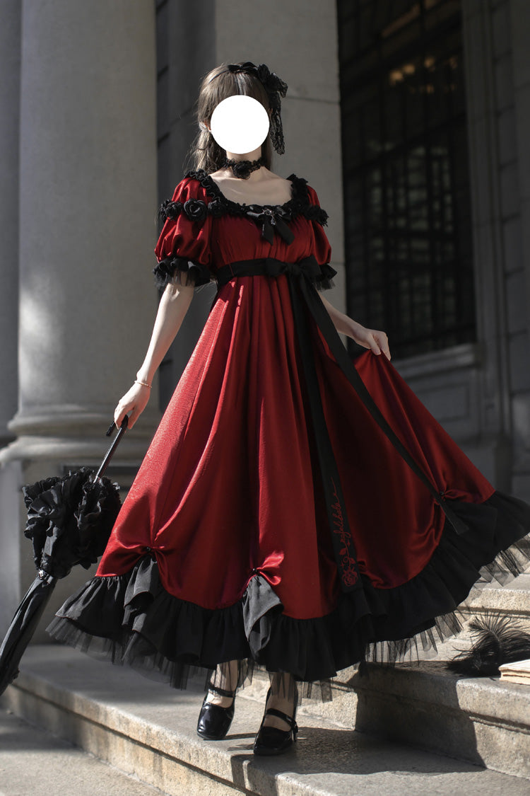 Red Square Collar Short Sleeves Ruffle Bowknot Sweet Regency-Style Vintage Lolita Dress - Red - 1