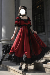 Red Square Collar Short Sleeves Ruffle Bowknot Sweet Regency-Style Vintage Lolita Dress - Red - 1