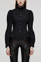 Black Stand Collar Long Puff Sleeves Ruffle Womens Gothic Blouse - Black - 1