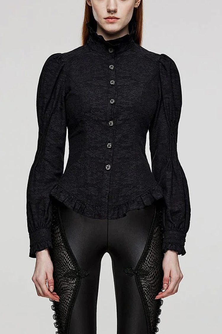 Black Stand Collar Long Puff Sleeves Ruffle Womens Gothic Blouse - Black - 1