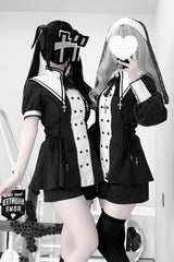 Black/White [Offbeat Confession] Long Short Sleeves Printed Ruffled Bow Gothic Jirai Kei Japanese Dress and Shorts Set - Black/White - 1