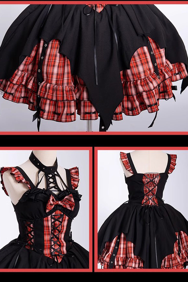 Rock Radio Wave Irregular Subculture Grid Print Bowknot Stitching Gothic Lolita Dress 3 Colors - Product - 6