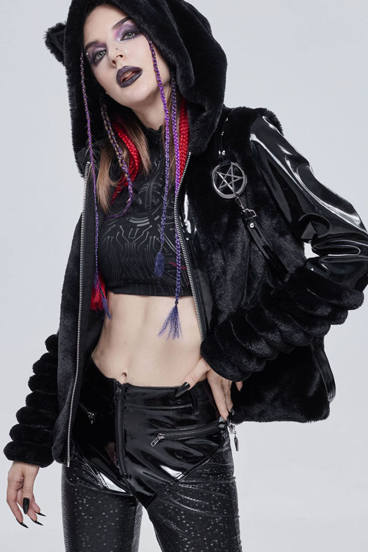 Black Punk Cuff Pleated Design Metal Five-Pointed Star Shape Belt Decoration Cat Ear Women's Coat - Product - 11