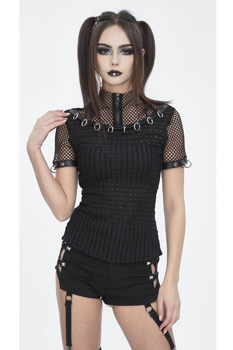 Black Mesh Rings Short Sleeved Womens Punk Top - Product - 2