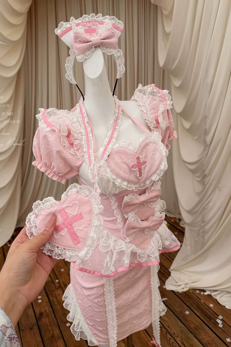 Pink [Little Nurse] Square Collar Short Sleeves Jacquard Ruffled Embroidered Bow Lace Chinese Style Sweet Lolita Skirt Set - Product - 12