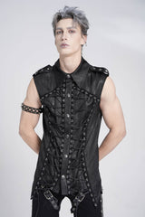 Black Sleeveless Studded Lace-Up Men's Gothic Blouse - Product - 5