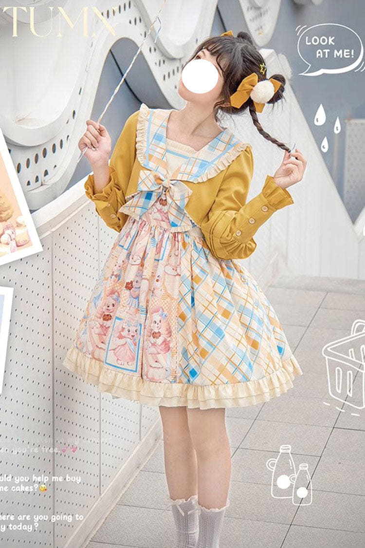イエロー／ピンク Cat Holiday プリント フリルリボン重ね着風スウィートロリータワンピース