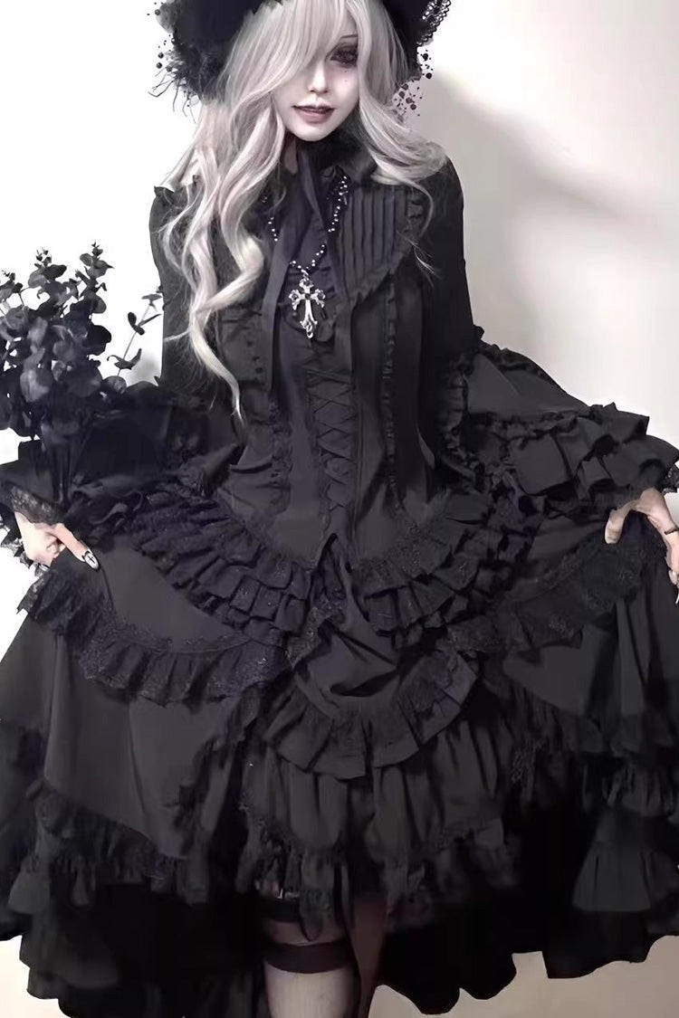 Black [Immortal Phoenix] Long Hime Sleeves Multi-Layered Ruffled Bow Lace-Up Gothic Lolita Skirt Dress Set - Product - 10