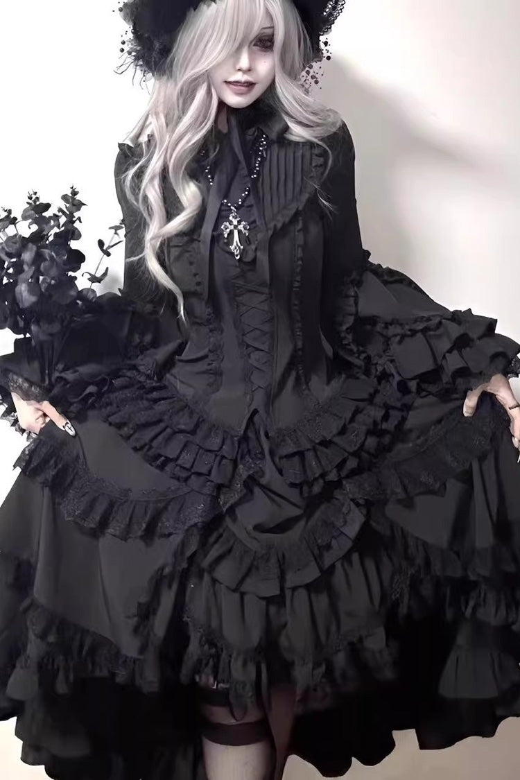 Black [Immortal Phoenix] Long Hime Sleeves Multi-Layered Ruffled Bow Lace-Up Gothic Lolita Skirt Dress Set - Product - 10