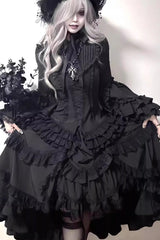Black [Immortal Phoenix] Long Hime Sleeves Multi-Layered Ruffled Bow Lace-Up Gothic Lolita Skirt Dress Set - Product - 10