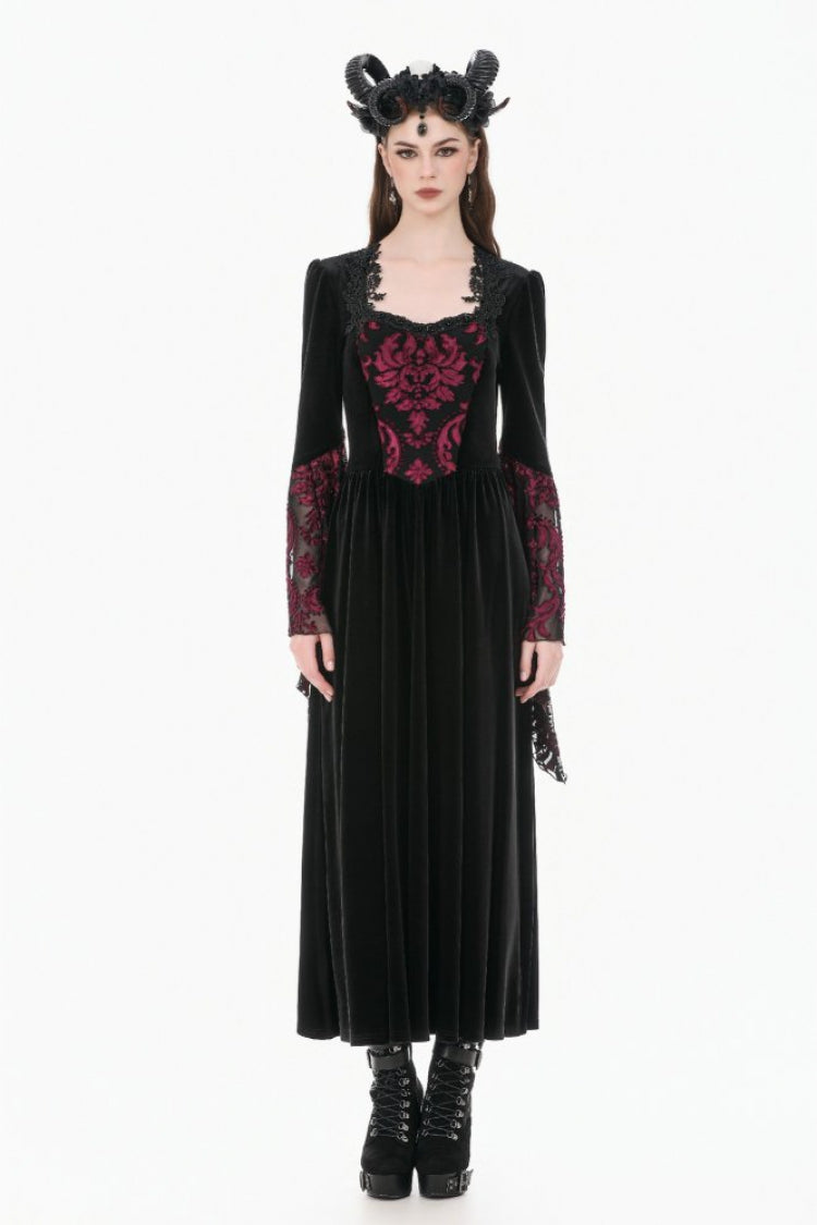Black/Red Square Collar Long Flare Puff Sleeves Lace Women's Gothic Victorian Velvet Long Dress - Product - 5