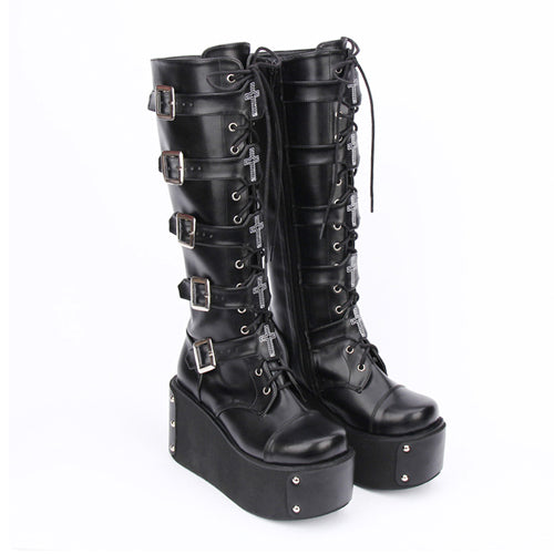 Black Cross Adornment High Platform Lolita Boots - Black - 1