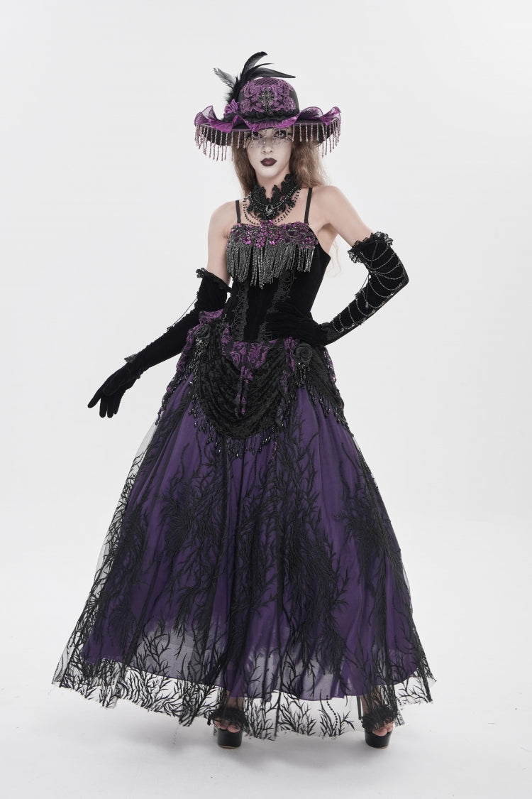 Black/Purple Lace-Up Women's Gothic Embroidered Tassels  Overbust Corset - Product - 5