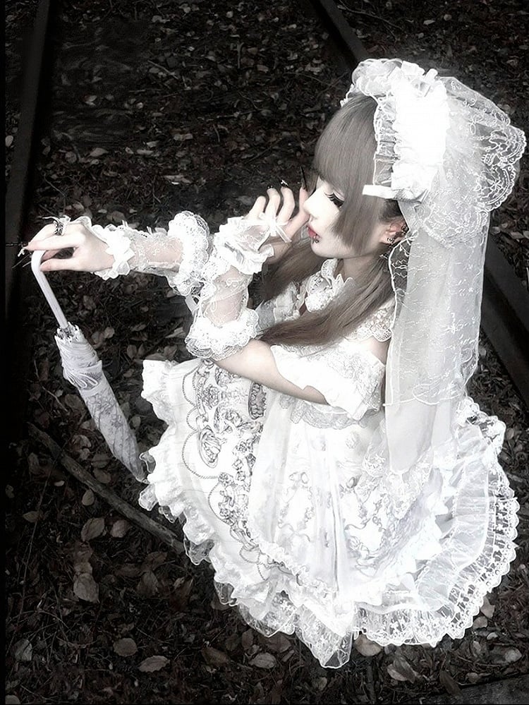 Gothic White Candle Print Waistless Lolita JSK Dress with Lace Details + Choker + Candle Embroidered Brooch Set - view 20