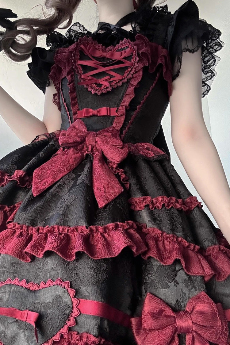 Black/Red [Super Cute Belia] Sleeveless Triple-Layered Ruffle Bowknot Lace Gothic Elegant Lolita Jsk Dress - Product - 5