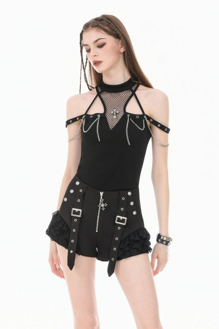 Black High Waisted Ruffled Lace Patchwork Buckled Straps Cross Zippered Women's Punk Shorts - Product - 6