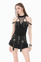 Black High Waisted Ruffled Lace Patchwork Buckled Straps Cross Zippered Women's Punk Shorts - Product - 6