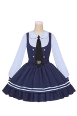 Blue [Rabbit Officer] Long Sleeves Printed Ruffled Faux Two-Piece College Style Sweet Lolita Dress - Product - 3