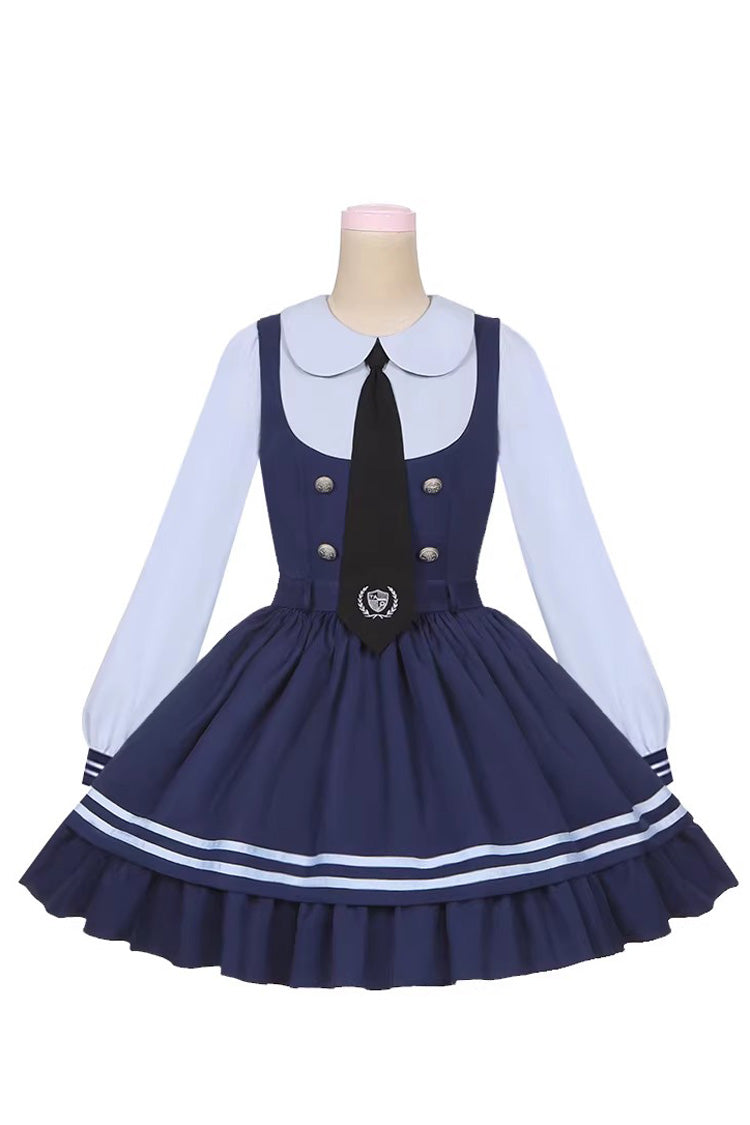 Blue [Rabbit Officer] Long Sleeves Printed Ruffled Faux Two-Piece College Style Sweet Lolita Dress - Product - 3