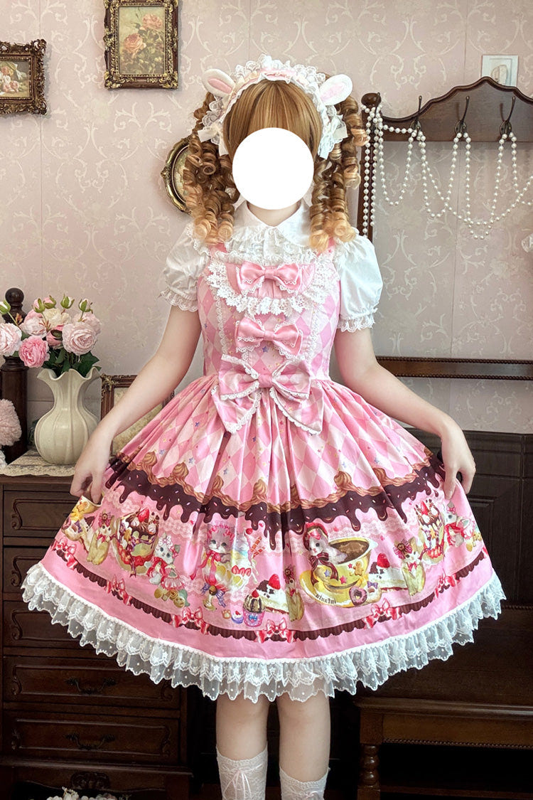 [Cream Meow] Sleeveless Print Bowknot Lace Sweet Lolita Jsk Dress 3 Colors - Pink - 1