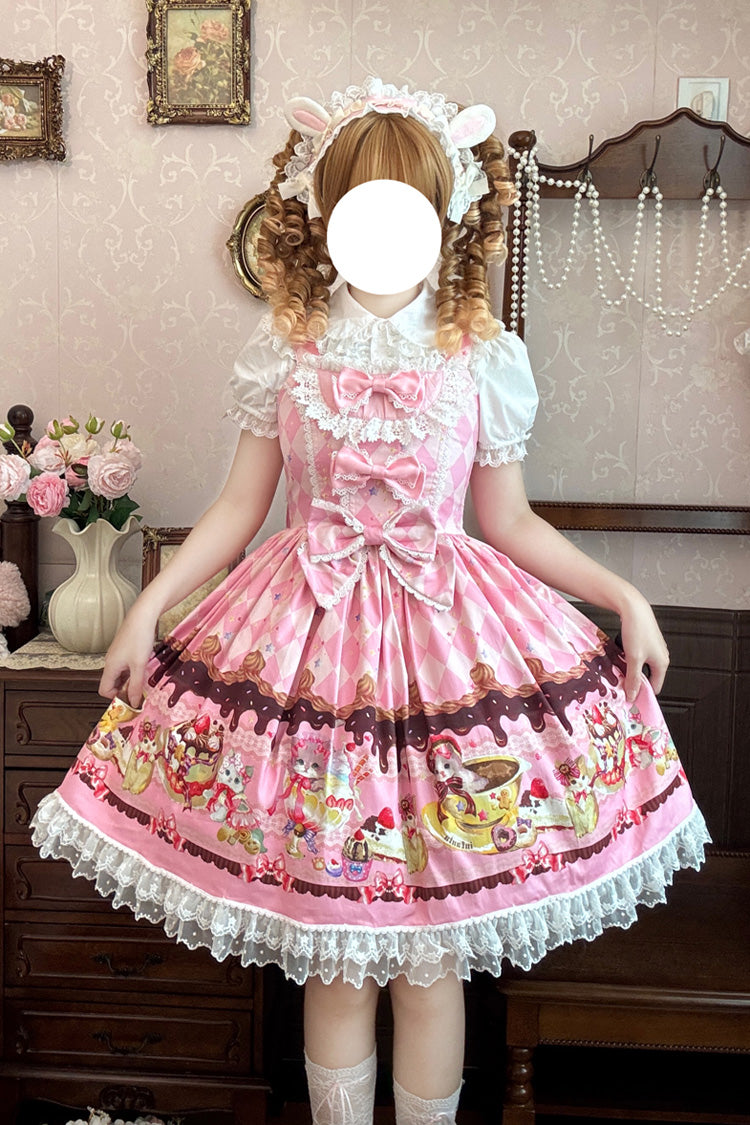 [Cream Meow] Sleeveless Print Bowknot Lace Sweet Lolita Jsk Dress 3 Colors - Pink - 1