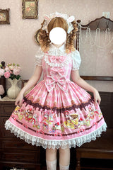 [Cream Meow] Sleeveless Print Bowknot Lace Sweet Lolita Jsk Dress 3 Colors - Pink - 1