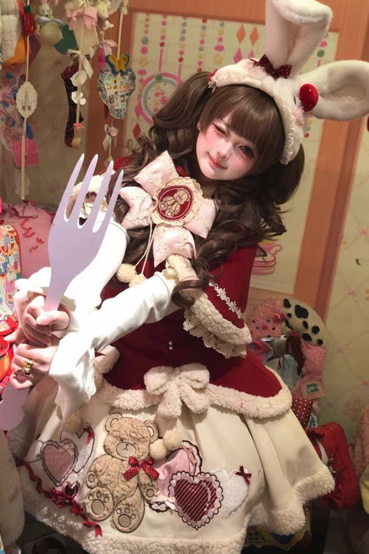 Red [New Year] Long Sleeves Embroidered Bow Lace Sweet Lolita Skirt and Rabbit Ears Cloak Set - Product - 3