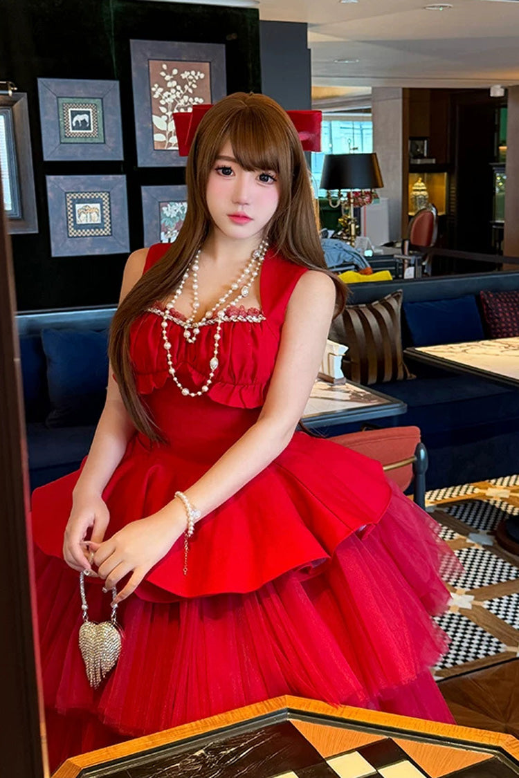 Red [Romantic Rose] Square Collar Sleeveless Ruffled Classic Ballet Lolita Dress - Product - 9