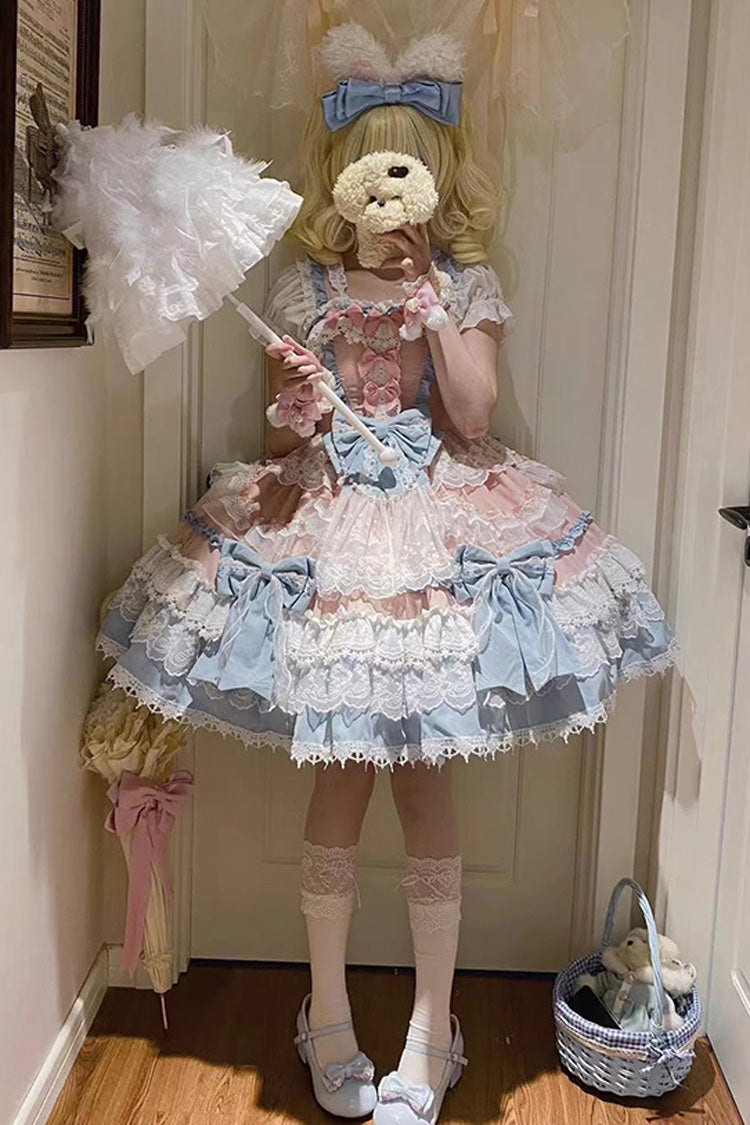 Blue Sleeveless Multi-Layered Ruffle Bowknot Lace Sweet Gorgeous Lolita Doll Jsk Dress - Product - 2