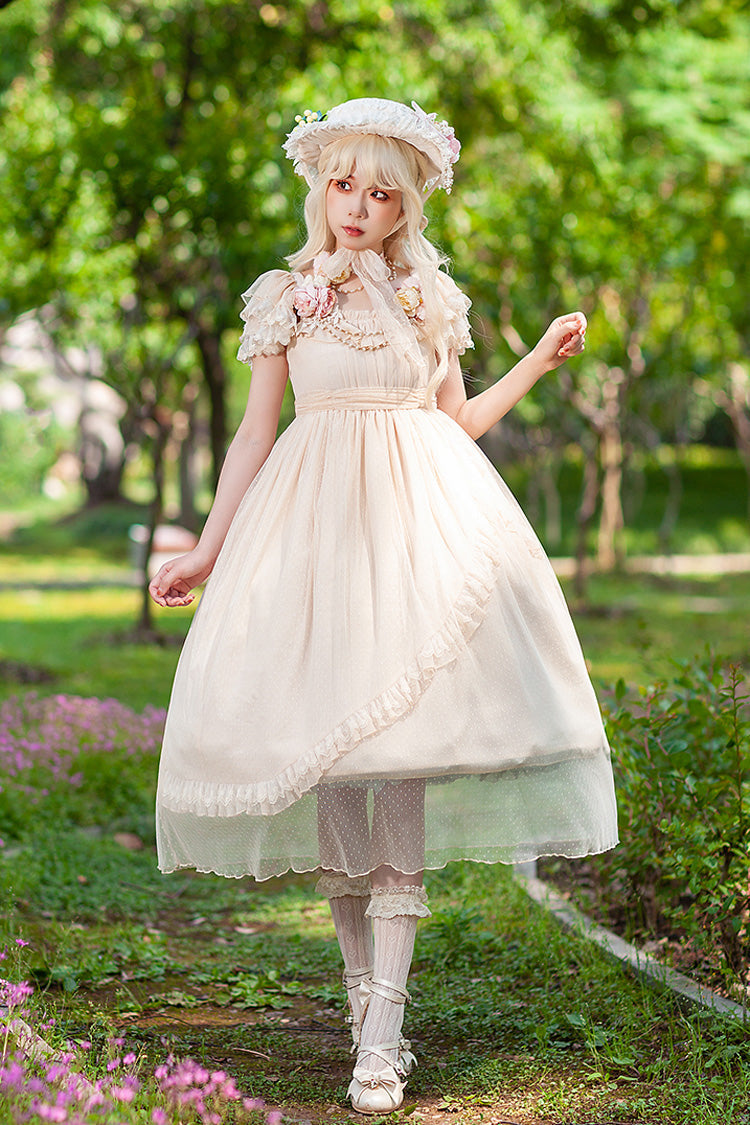 Apricot [Moon goddess *Mediana*] Polka Dot Print Ruffle Bowknot Asymmetric Sweet Elegant Lolita Dress - Apricot - 1
