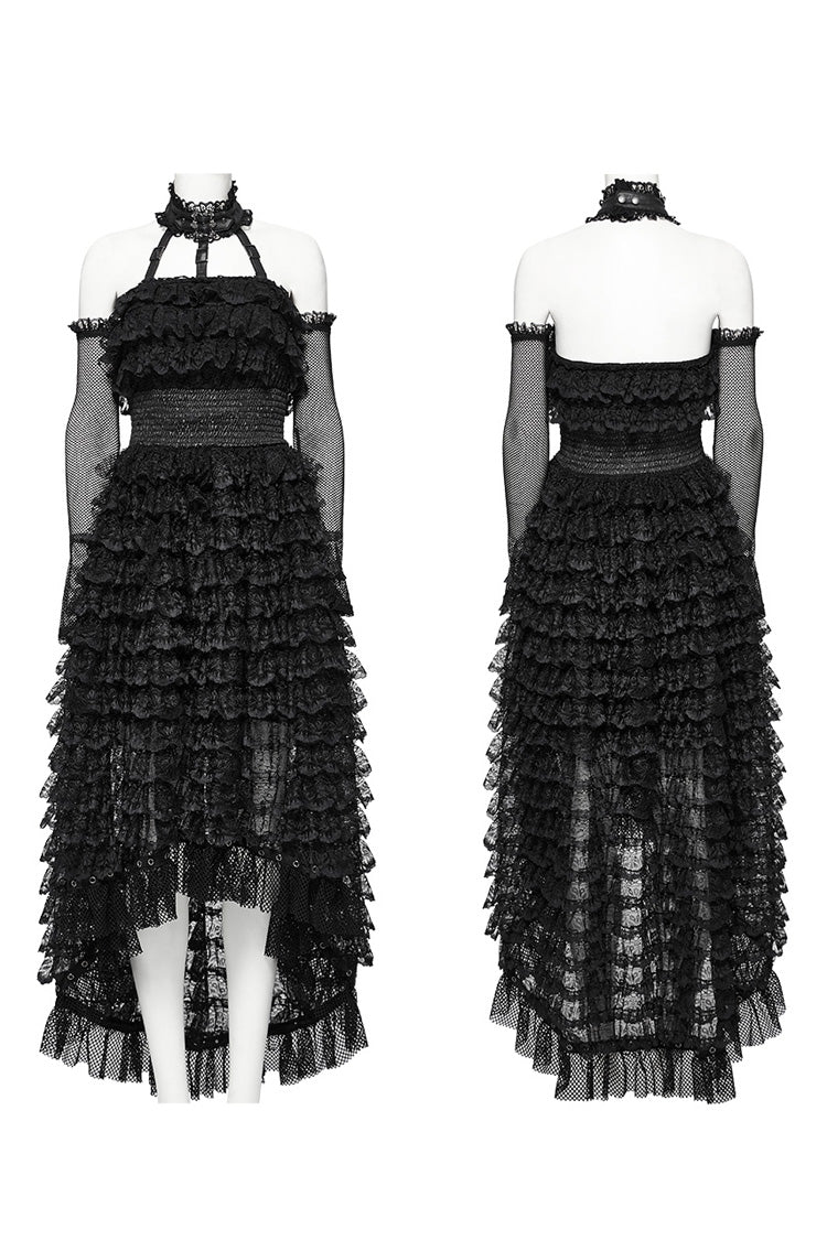 Black Halterneck Long Sleeves Ruffle Lace Women's Punk Dress - Product - 5