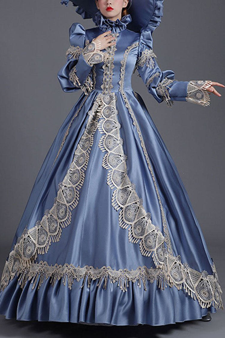 Blue High Collar Long Sleeves High Waisted Hollow Embroidery Floral Print Ruffled Victorian Lolita Prom Dress - Blue - 1