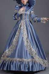 Blue High Collar Long Sleeves High Waisted Hollow Embroidery Floral Print Ruffled Victorian Lolita Prom Dress - Blue - 1