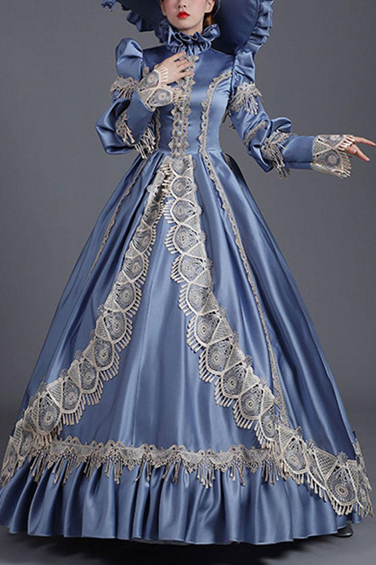 Blue High Collar Long Sleeves High Waisted Hollow Embroidery Floral Print Ruffled Victorian Lolita Prom Dress - Blue - 1