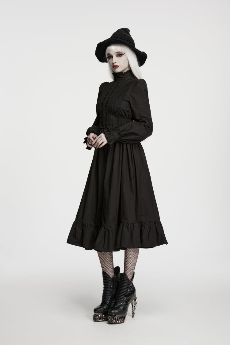 Black Stand Collar Long Trumpet Sleeves Pleated Women's Gothic Royal Dress - Product - 7