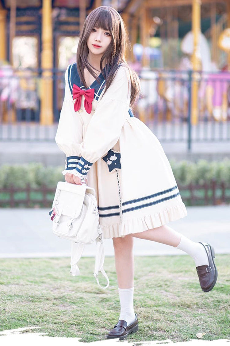 College Navy Style Bowknot Ruffle Long Sleeves Sweet Lolita Dress - Product - 2
