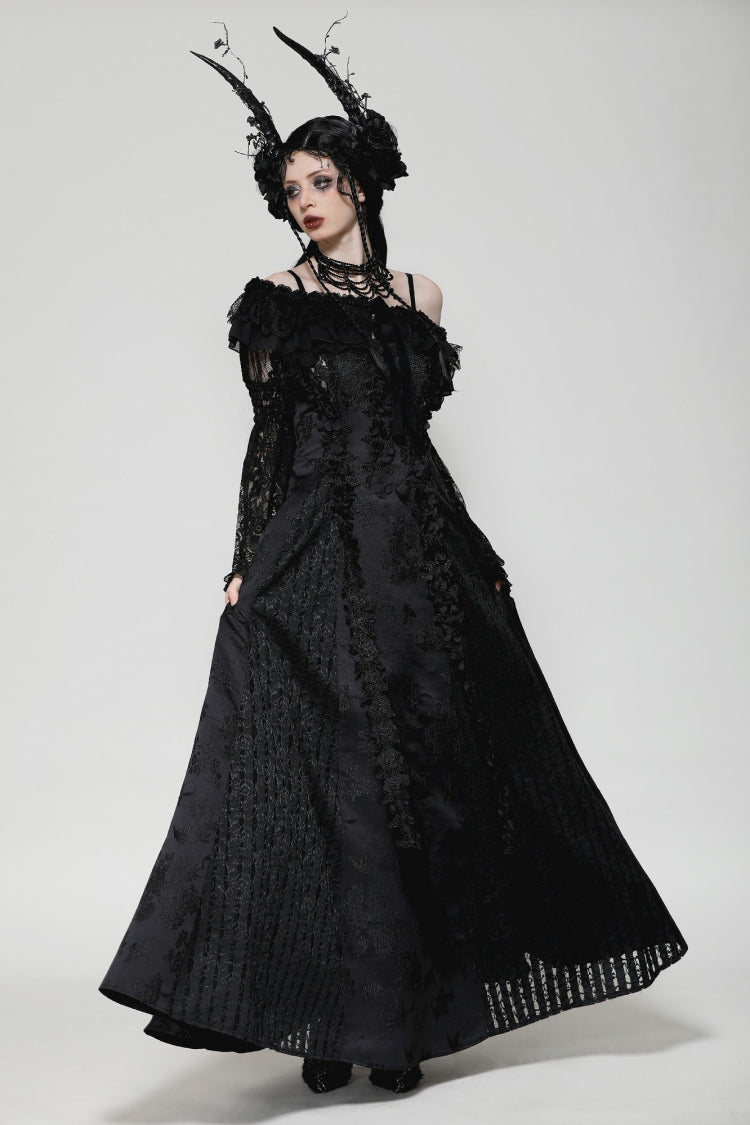 Black Ruffled Off Shoulder Long Bishop Sleeves Lace Women's Gothic Cape - Product - 7